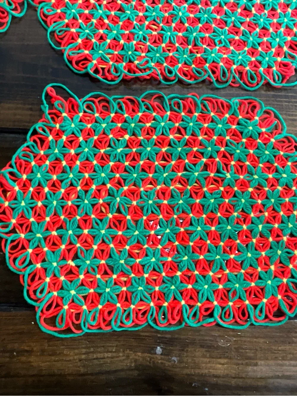 Vintage Lot of 4 Crocheted Placemats Bright Orange Green